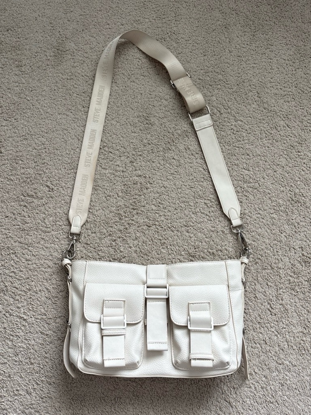 Steve Madden Cream Leather Crossbody with Dual Front Pockets